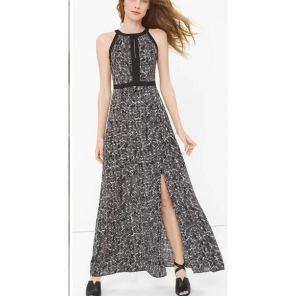 White House Black Market Printed Maxi Dress Size 8 Slit Flowy Romantic Long - Picture 1 of 12